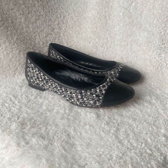 346 Brooks Brothers Black Grey Tweed Cap Toe Ballet Flats - Picture 1 of 7